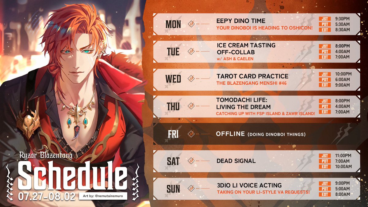 RyzarBlazenfang's tweet photo. 「 dinoboi weekly agenda 」
⬖ week 85 — july 27 to aug 2 ⬗

thought we’d spice things up as we wrap up on this month. 🫰

🎨 @/nemutainemuro
#RyzarBlazenfang #RyzarLIVE https://t.co/5hjmKw7z4Z