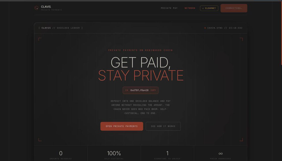 Clavisrobinhood's tweet photo. Developers shouldn't have to build privacy primitives from scratch.

The Clavis SDK provides the tools to integrate privacy into wallets, payments, and onchain applications using familiar workflows.
Focus on your product, We'll handle the privacy layer.

What are you building? https://t.co/xSyYSquVqZ