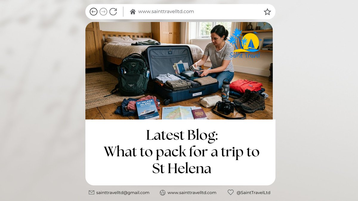 SaintTravelLtd's tweet photo. Planning your #StHelena adventure? 🧳 From sturdy footwear for scenic walks to essential layers for island weather, our latest packing guide has you covered!

📖 Read the full guide via the link in the comments! 👇

#VisitStHelena #TravelTips #StHelenaIsland https://t.co/rlpERh9O9u