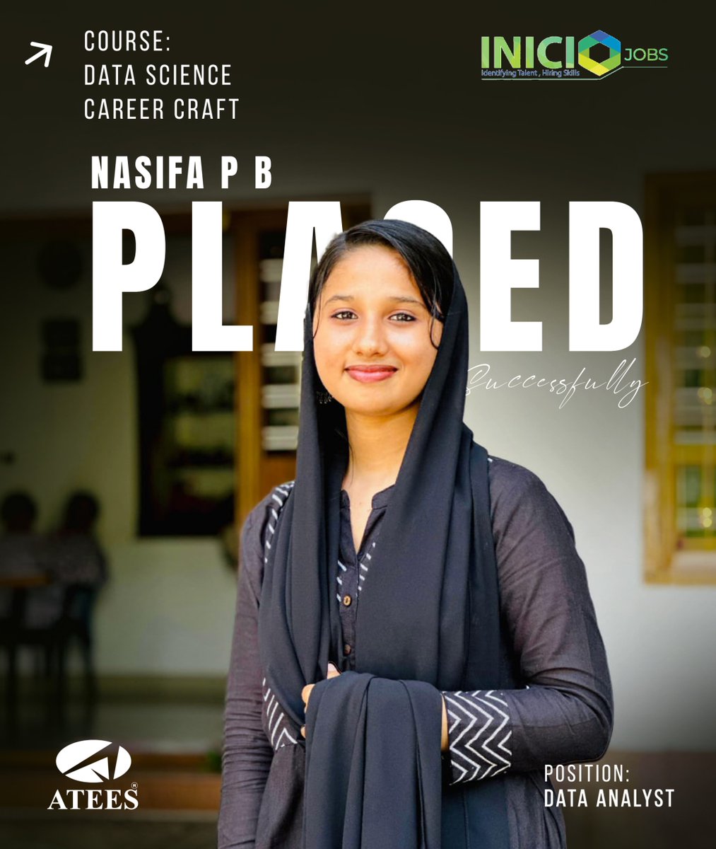 ATEES_Global's tweet photo. Dream. Learn. Achieve.
Congratulations to Nasifa P B on successfully securing a Data Analyst position after completing the Data Science Career Craft program.
📞 +91 8589 012 025
🌐 https://t.co/rNxT6zvhiQ
#PlacementDrive #DataScienceCareer #DataAnalytics #CareerGoals #ATEES https://t.co/LUTq38R07H