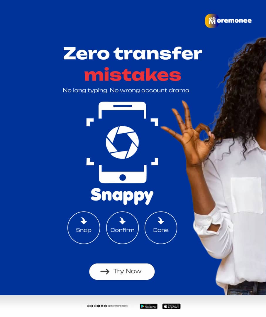 MoremoneeBank's tweet photo. Tired of typing long account numbers?
Snap a picture of an account number and Snappy will fill in the recipient details for you instantly.
It’s fast and error-free. Download Moremonee now and try Snappy: https://t.co/IcKFu7V5TG
#Moremonee #Snappy #GenZBank https://t.co/RF3cVDzl7D