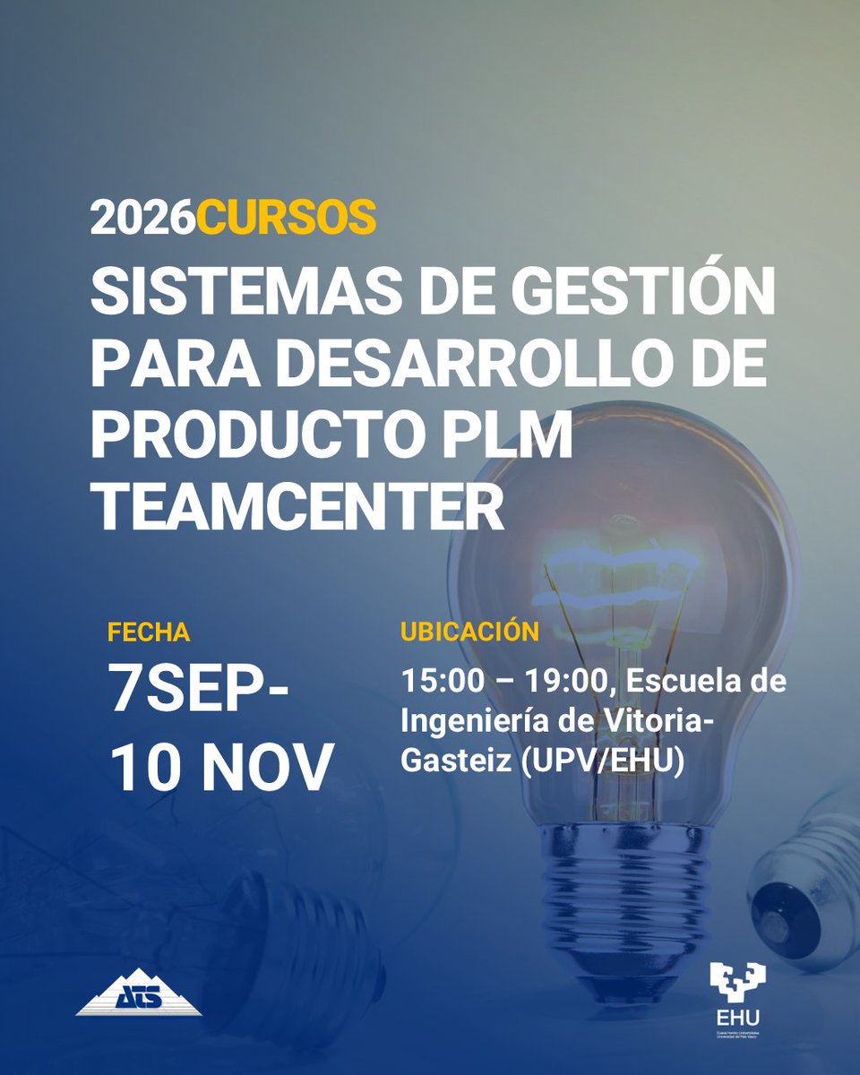 ATS_Spain's tweet photo. Curso 1: Introducción a los sistemas de gestión para desarrollo de producto #PLM #Teamcenter.

Conoce los fundamentos de Teamcenter y su aplicación en #ingeniería.

📍 Gasteiz, @upvehu
🕒 7 Sep-7 Oct, 15:00-19:00
Info: https://t.co/HstR2YdBFc
Inscripción: https://t.co/j1B7nJEMxJ https://t.co/NtPpOH3fAf