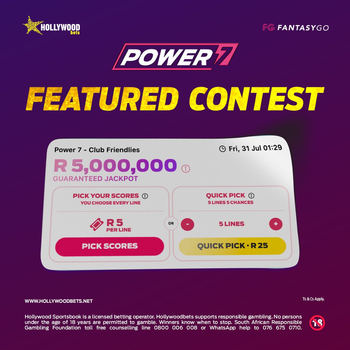 Hollywoodbets's tweet photo. Fuel your football fantasy with FantasyGo! β½π₯
Bet R5+ on the Power 7 Club Friendlies contest and make seven correct score predictions for a chance to win the mega R5 million jackpot! π°π
Bet now! π―
Ts & Cs apply.
#Hollywoodbets #FantasyGo #Power7 #ClubFriendlies #WinBig #R5MillionJackpot #BetNow