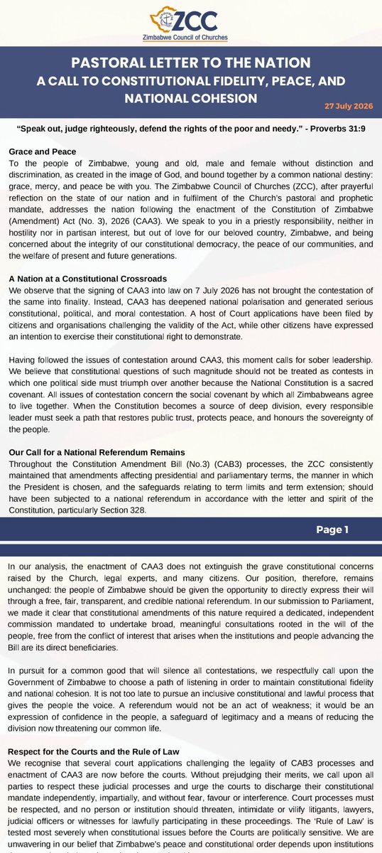 NgarivhumeJ's tweet photo. #BREAKING: The Zimbabwe Council of Churches (ZCC) has affirmed that #peaceful protest is a constitutional right protected under Sections 58 to 61 of the Constitution. In its Pastoral Letter, the ZCC also calls on the Government, the police and all security institutions to https://t.co/C6gSphzYQ4