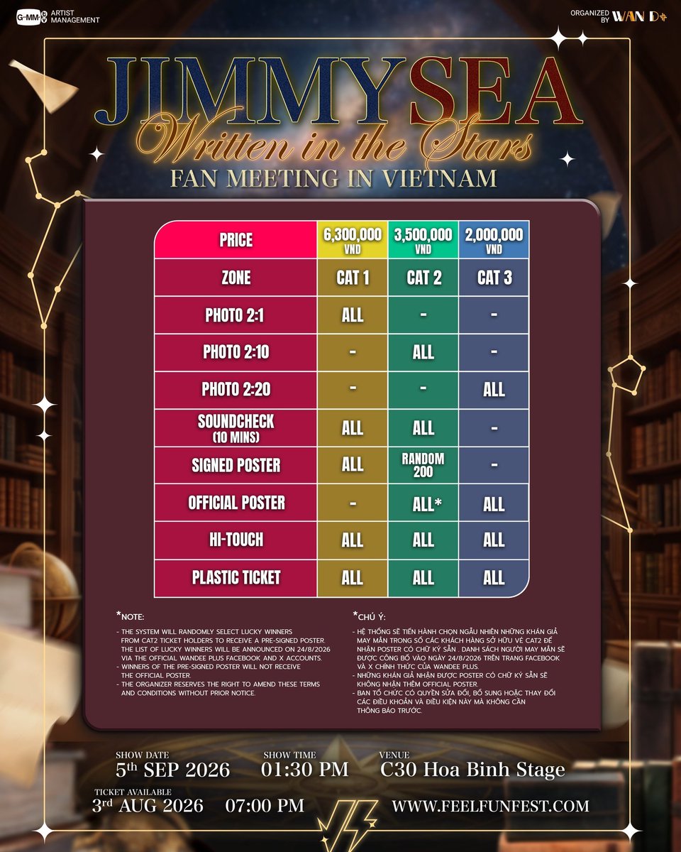 haruka_gp_'s tweet photo. 📌 JIMMYSEA: WRITTEN IN THE STARS FAN MEETING IN VIETNAM チケット代行・お申込み受付中 🇻🇳💜✨

🎫 対象イベント: JIMMYSEA: WRITTEN IN THE STARS FAN MEETING IN VIETNAM
🎤 出演: Jimmy Potiwihok（ジミー）＆ Sea Tawinan（シー）
📍 会場: C30 Hoa Binh Stage（ベトナム・ホーチミン）
🗓️ 日時（ベトナム現地時間）: 2026年9月5日（土）13:30 ⭕
⏰ チケット発売: 2026年8月3日（月）19:00（ICT / 日本時間21:00）

🎟️ 対応席種

💜 VVIP / VIP
・サウンドチェック
・Group Photo
・1:1 Photo
・Hi-Touch
・サイン入りポスターなど特典対象

💜 ZONE A / ZONE B / ZONE C
・前方・中央寄り良席対応

🌸 **単番・連番・複数枚対応 ⭕

💎 サポート内容

✅ 最速チケッティング・良席優先確保
✅ ご本人名義・アカウントで安全に手配
✅ 日本・タイ・ベトナム・海外ファン歓迎（日本語・한국어・English対応）
✅ 電子チケット・現地発券・入場サポート対応
🛡️ ご希望条件で手配できなかった場合は100％全額返金保証

📩 お申込み（DM）

ご希望の方は以下をご記載ください💫

① 希望席種・エリア
② 枚数
③ ご予算
④ お支払い方法

💬 DM返信がない場合はコメントで「DM」とお知らせください。
⚠️ 発売直前・数量限定のため、ご入金確認後お申込み順にご案内いたします。

⚡ 迅速・丁寧・安心安全なお取引をお約束いたします！
💜 JimmySeaファンの皆様からのお問い合わせをお待ちしております！

✉ お問い合わせ・ご依頼はDMまで ✉

#JimmySea #JimmyPotiwihok #SeaTawinan #จิมมี่ซี #ジミーシー #WrittenInTheStars #JimmySeaFMinVietnam #GMMTV #C30HoaBinhStage #HoChiMinh #Vietnam #ホーチミン #ベトナム #ベトナム公演 #タイ俳優 #タイドラマ #海外コン代行 #海外チケット #海外代行 #チケット代行 #チケッティング代行 #代理チケッティング #チケット譲 #チケット求 #JimmySea譲 #JimmySea求 #WTS #WTB #LFB #대리티켓팅 #대리예매 #티켓대행 #InternationalFans