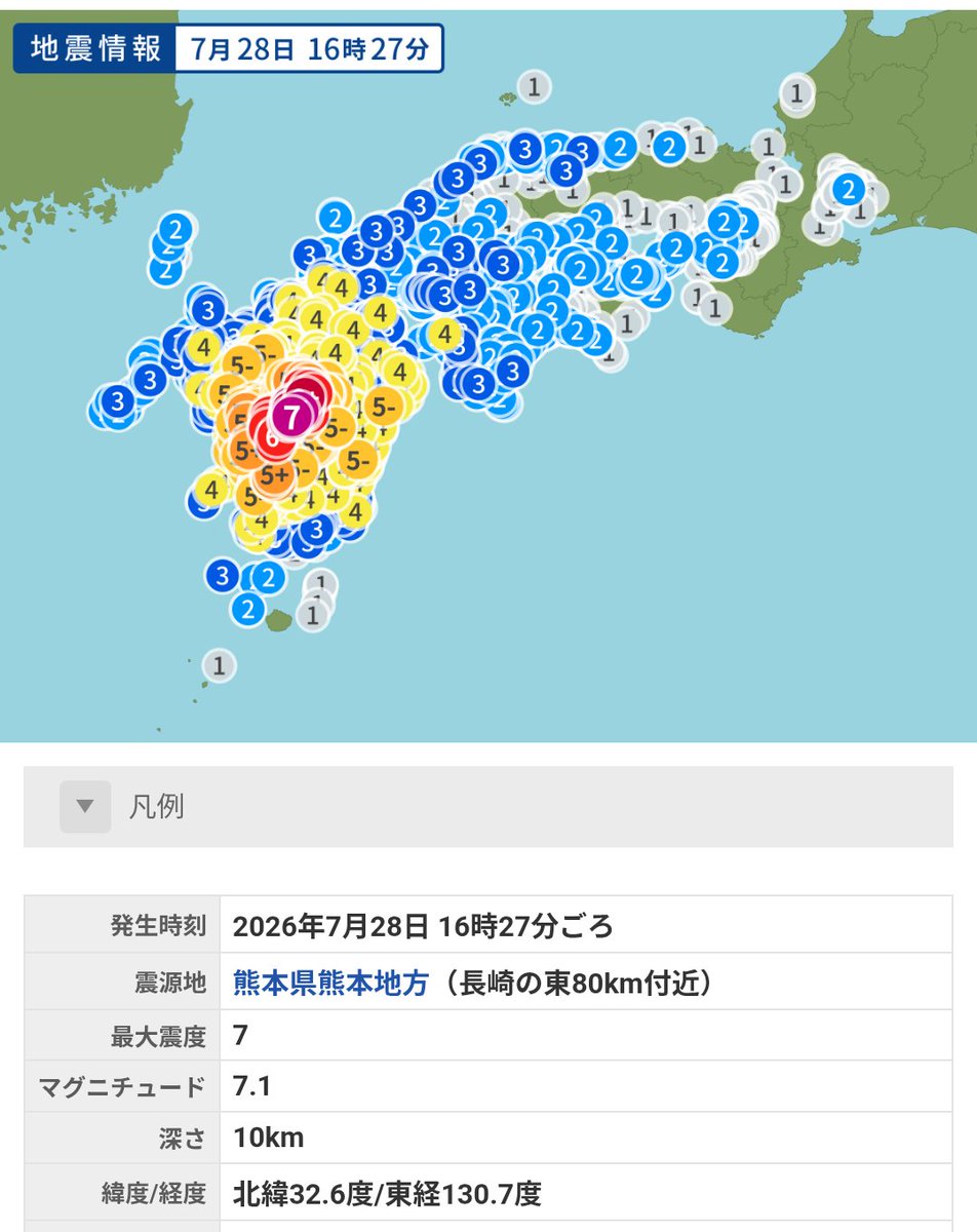 jyanjyan2016's tweet photo. 地震情報 - Yahoo!天気・災害 https://t.co/aKuH0uHVby 
2026年7月28日 16時27分ごろ
震度7から連続して2度も震度5の地震😨
午前中に鹿児島で数回の震度3の地震
大変な事になりそう
国の方も早く対策を進めてほしい

西日本も今後も気をつけたい
地震は、いつどこで起きるか分からない

#地震 https://t.co/HXHWgyt31d