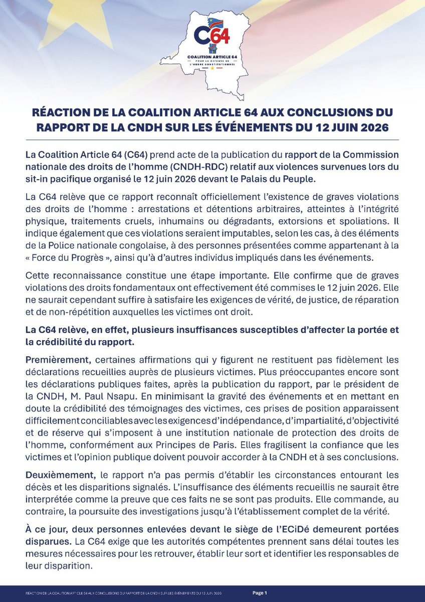 JosephPamphile3's tweet photo. Après la publication du rapport de la Commission Nationale des Droits Humains (CNDH) sur les incidents du 12 juin, la coalition de l’opposition C64 a vivement réagi, dans un communiqué publié le lundi 27 juillet. https://t.co/RC9qw5m8WA