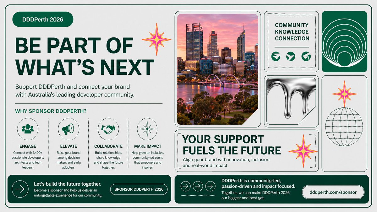 DDDPerth's tweet photo. The future of software won't build itself. 
Neither will the community behind it.

If your company believes in investing in people - not just products - let's talk.

Become a #DDDPerth 2026 sponsor.

🔗 https://t.co/TrqffvPRlS https://t.co/LMrD1WH53A