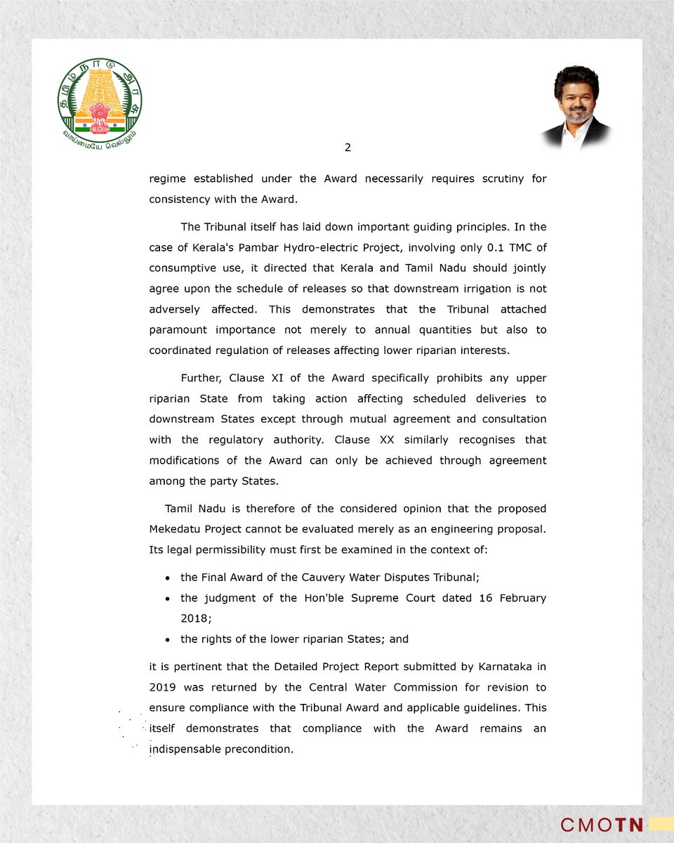 CMOTamilnadu's tweet photo. The Text of the D.O. Letter dated 28.7.2026, addressed to the Hon'ble Prime Minister of India Thiru. Narendra Modi, from the Hon'ble Chief Minister of Tamil Nadu Thiru. C. Joseph Vijay, regarding Mekedatu Dam.
#CMJosephVijay‌ https://t.co/HbdwQAM3nQ