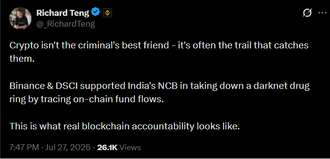 thisisksa's tweet photo. 🇮🇳 The Narcotics Control Bureau of India, with support from Binance and the Data Security Council, has dismantled a major darknet drug network known as "Team Kalki." 🚨

Binance's investigations team helped trace on-chain fund flows, identify crypto wallets linked to the operation, and support law enforcement requests.

Binance CEO Richard Teng said the case is another reminder that blockchain transactions leave a trail, making crypto a powerful tool for tracking illicit activity rather than hiding it.