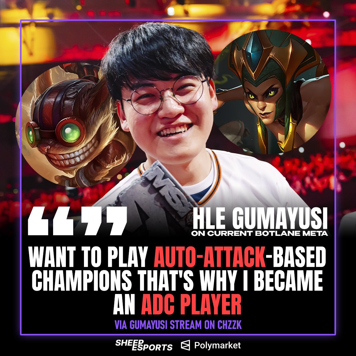 Sheep_Esports's tweet photo. HLE Gumayusi 🇰🇷 on the bot lane meta: "I've always felt that choosing a role is almost like choosing a class in another game"

"Every role has something people want from it. If you play top, there are things you expect from top. If you play mid, there are things you expect from mid. And if you choose ADC, there's a reason you chose ADC"

"What do I want from ADC? I want to play auto-attack-based champions. Champions that rely on basic attacks, that's why I became an ADC player"