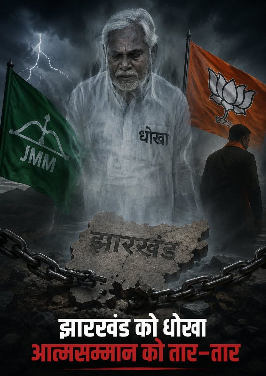 JMMYouthWorker's tweet photo. जिस झामुमो ने @ChampaiSoren जी को मुख्यमंत्री बनाया, उसी पार्टी की पीठ में छुरा घोंपकर भाजपा का दामन थाम लिया।

पर मिला क्या?
न बड़ा पद, न सम्मान, न पहचान।
मुख्यमंत्री से भाजपा के साधारण कार्यकर्ता तक का सफर ही उनकी राजनीतिक उपलब्धि बन गया।

सत्ता की लालसा में न माया मिली, न राम। https://t.co/8ARZjrlfna