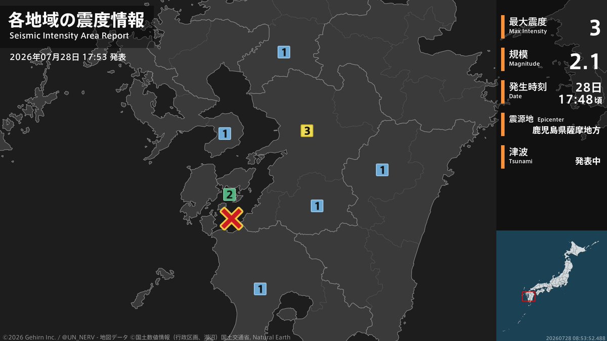 UN_NERV's tweet photo. 【地震情報 2026年7月28日】
17時48分頃、鹿児島県薩摩地方を震源とする地震がありました。震源の深さは約10km、地震の規模はM2.1、最大震度3を熊本県で観測しています。津波注意報を発表中です。 https://t.co/1Yyx6IrKfn