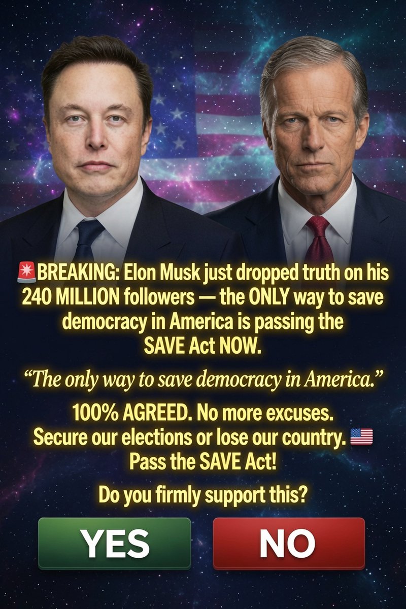 Jamesjonesik8's tweet photo. 🇺🇸 PASS the SAVE Act NOW.

Elon Musk has expressed support for the legislation.

Do you support passing the SAVE Act?

🅰️ Yes
🅱️ No

Share your thoughts below. 👇 https://t.co/Xv3l8bxzpv