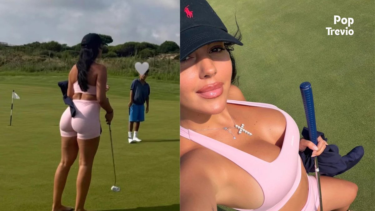 PopTrevio's tweet photo. Georgina Rodríguez playing golf with Cristiano Ronaldo. https://t.co/vOBVlAgbCU