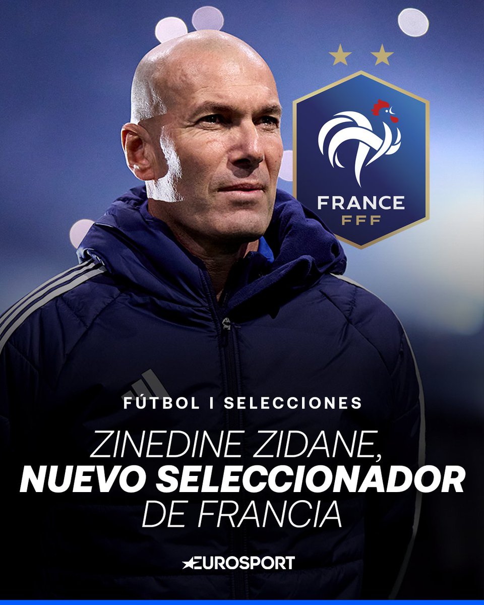 Eurosport_ES's tweet photo. 🚨 OFICIAL | Zinedine Zidane, nuevo seleccionador de Francia

El francés vuelve a los banquillos tras cinco años y sustituye a Didier Deschamps en el cargo, iniciando una nueva era 14 años después.

Firma hasta el Mundial de España, Portugal y Marruecos de 2030. https://t.co/oxzYqq38pO