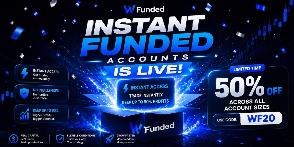 WfundedHQ's tweet photo. The wait is finally over!

Instant Funded accounts are now officially live on WFunded 

50% off across all account sizes 

Promo code : WF20 

Let’s gooo 💰🚀🚀 https://t.co/dKlJvd6SG8
