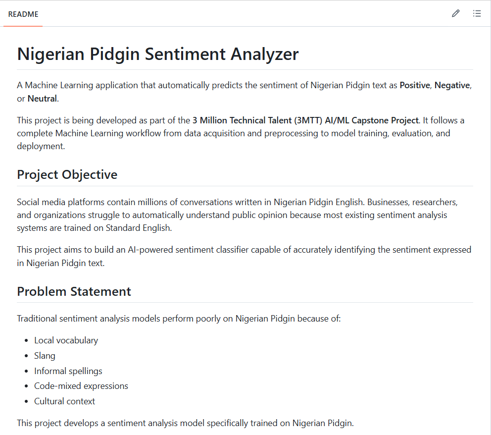 AbideenHaybee's tweet photo. Day 1 of my #3MTT AI/ML Capstone!

Building a Nigerian Pidgin Sentiment Analyzer with Machine Learning and NLP to classify text as Positive, Negative, or Neutral.

Follow my progress as I build it from data to deployment.

🔗 GitHub: https://t.co/UbuwqwOtlW https://t.co/4b06r4Td7W