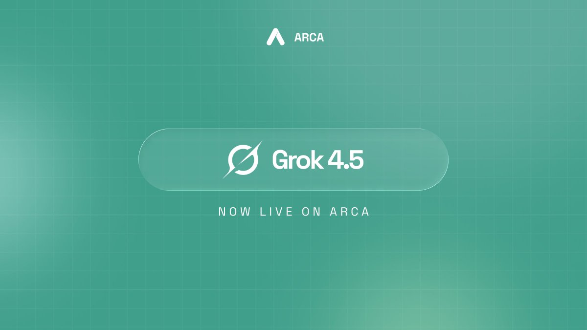 ArcaGateway's tweet photo. Grok (@SpaceXAI) 4.5 is live on Arca.

Same OpenAI-compatible API, same x402 settlement, just point model at grok-4.5.

$2 in / $6 out per 1M tokens. Labeled honestly as a 3rd Party Provider, like every closed-weight model we serve. https://t.co/Rp919JFbBI
