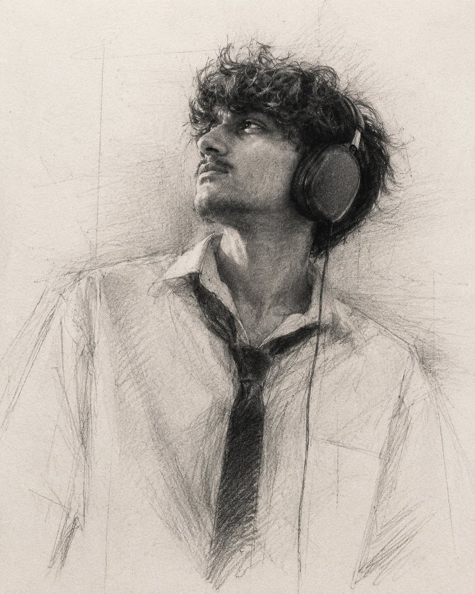 harboriis's tweet photo. GPT Image 2 on ChatGPT

Prompt:
A highly expressive graphite pencil portrait on textured fine art drawing paper, 4:5 aspect ratio.

Create the drawing with approximately 85–90% completion, intentionally leaving unfinished passages, open contours, construction lines, and visible artistic decisions. The portrait should feel like a museum-quality graphite study rather than a fully rendered illustration.

Use extremely rich, deep graphite blacks with dramatic tonal contrast. Build powerful black focal points using heavy 8B–14B graphite, creating bold shadow masses that immediately attract the viewer's eye. The darkest values should feel dense, velvety, and tactile without appearing digitally crushed.

Instead of rendering every detail equally, selectively emphasize only the most expressive features of the face—especially the eyes, eyebrows, nose bridge, beard texture, hairline, and facial structure. Allow these key areas to receive the highest level of detail and contrast.

The remaining areas should gradually dissolve into loose graphite marks, incomplete shading, broken contours, and unfinished forms, with less than 80% rendering. Large areas of the portrait should intentionally remain suggested rather than fully described, allowing negative space and the viewer's imagination to complete the image.

Use confident, energetic pencil strokes with natural variation in pressure. Build form through layered graphite, cross-hatching, feathered shading, irregular line work, and spontaneous sketch gestures.

Visible graphite powder should softly spread across the paper, producing subtle atmospheric transitions without becoming overly blended. Include realistic graphite grain, charcoal-like dust, accidental smudges, erased highlights, paper fibers, dirty whites, and authentic hand-drawn imperfections.

Hair should be rendered with expressive overlapping strokes that alternate between razor-sharp strands and loose graphite masses. Facial hair should appear organic, rough, and richly textured using layered broken graphite marks instead of smooth rendering.

Maintain a dramatic high-contrast lighting setup. Define the portrait primarily through tonal masses rather than outlines. Deep blacks should anchor the composition while soft midtones gradually disappear into unfinished paper texture.

The overall tonal mood should resemble a traditional academic graphite master drawing using cool neutral graphite tones with rich charcoal blacks and warm paper highlights. Avoid flat gray rendering. Preserve strong black accents and crisp value separation throughout the composition.

Traditional graphite drawing, museum-quality pencil art, expressive realism, selective rendering, dramatic chiaroscuro, powerful black focal points, authentic graphite texture, tactile paper surface, unfinished artistic process, handmade appearance, fine art sketchbook aesthetic, high contrast, deep graphite blacks, visible graphite dust.

digital painting, vector art, clean illustration, CGI, photobash, watercolor, oil painting, acrylic, ink drawing, marker rendering, smooth gradients, soft airbrush, glossy surface, plastic skin, hyperrealistic digital finish, perfect symmetry, polished edges, oversharpened details, fully rendered portrait, equal detail everywhere, flat gray tones, low contrast, colorful, anime, cartoon, heavy blur, artificial texture, digital brush patterns, excessive blending, photographic realism.