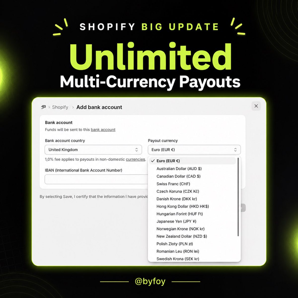 foysalgazi258's tweet photo. Shopify just removed the limit 
on multi-currency payouts 🚀

Now you can add a dedicated 
bank account for EVERY currency 
you sell in!

No more unnecessary conversions 💰

Game changer for global stores 🌍

#Shopify #ShopifyPayments #Ecommerce https://t.co/Z4o4IBTykl