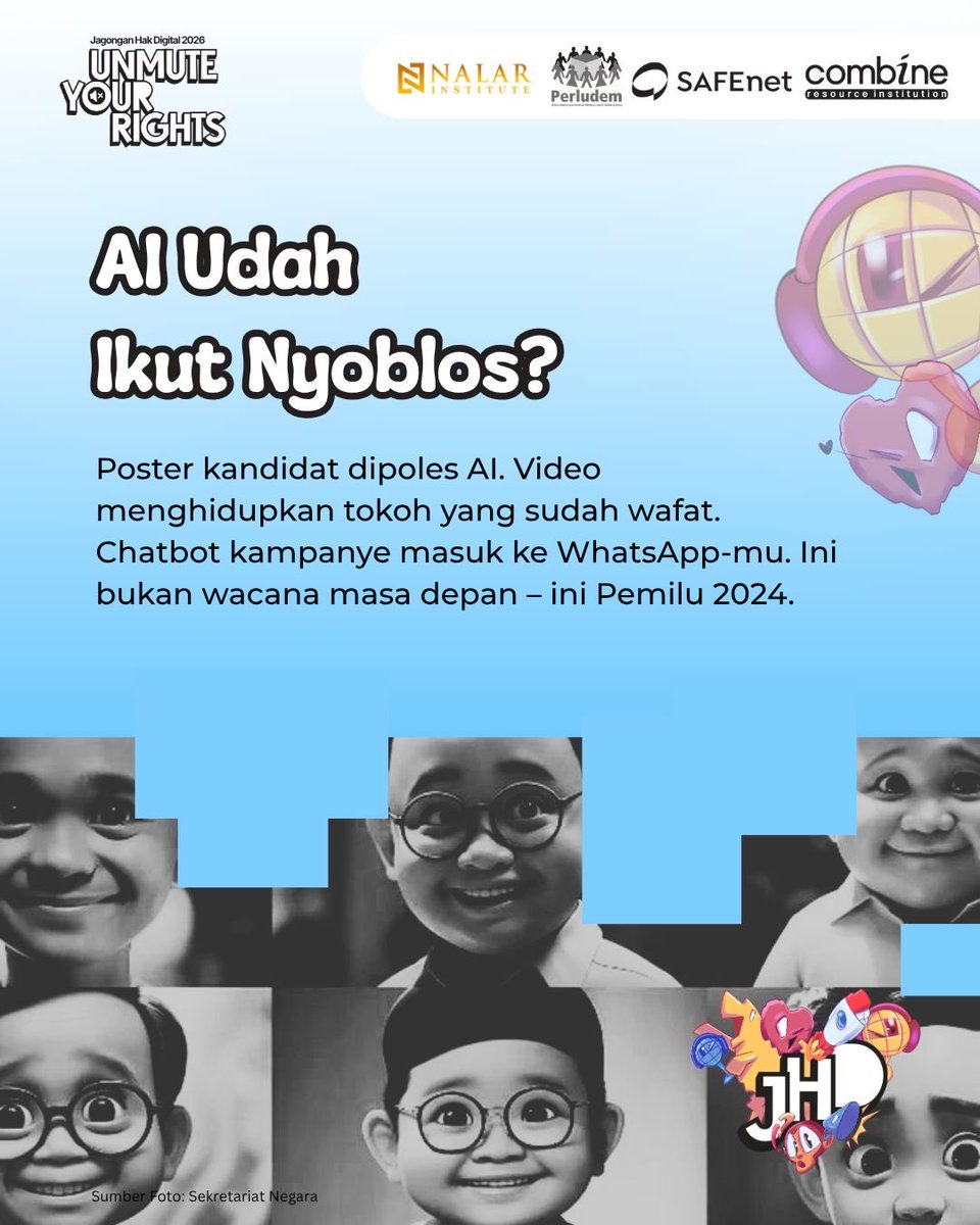 perludem's tweet photo. 🤖 AI sudah ikut berkampanye. Tapi, apakah aturannya sudah siap? 

Pemilu 2024 menandai Indonesia memasuki era AI-driven election, di mana kecerdasan buatan digunakan untuk membuat dan menyebarkan materi kampanye, mempersonalisasi pesan politik, hingga memproduksi konten sintetis https://t.co/YlK2jHt9Am