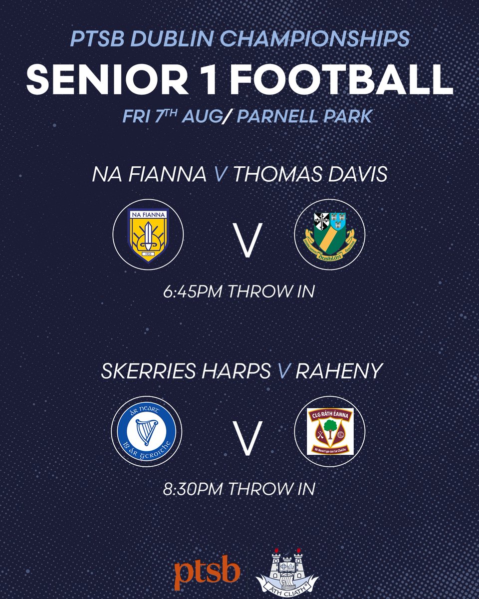 DubGAAOfficial's tweet photo. The @PTSBIreland Dublin Senior 1 Football Championship kicks off with a double header at Parnell Park tomorrow evening  🙌

- @clgNaFianna v @tomasdaibhis
- @SkerriesHarps v @RahenyGAA
 
🎟 Match tickets ➡️ https://t.co/bFwQgmUX2c

#PTSBchampionships https://t.co/3xLIoNzRej