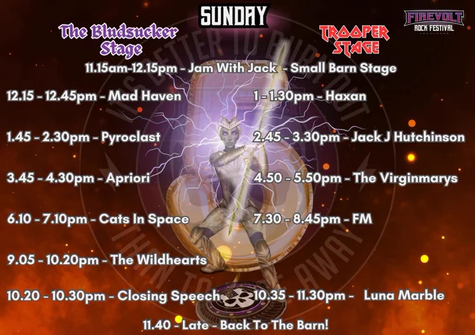 Stage times poster for Firevolt Rock Festival on Sunday 9 August 2026 in Stockport.