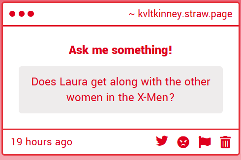 lesjayrose's tweet photo. i'd say so. kitty and (i think) rachel were kind to her, she liked psylocke, jubilee is her homoerotic sapphic situationship since the 2010s, and um x-terminators exists. but i think in general she gets along just fine with the others, especially nowadays https://t.co/VM631N8fOs