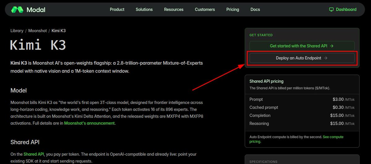 Modal's Kimi K3 endpoint page showing 2.8-trillion-parameter MoE architecture, 1M-token context, and per-MTok pricing of $3 prompt / $0.30 cached / $15 completion / $15 reasoning