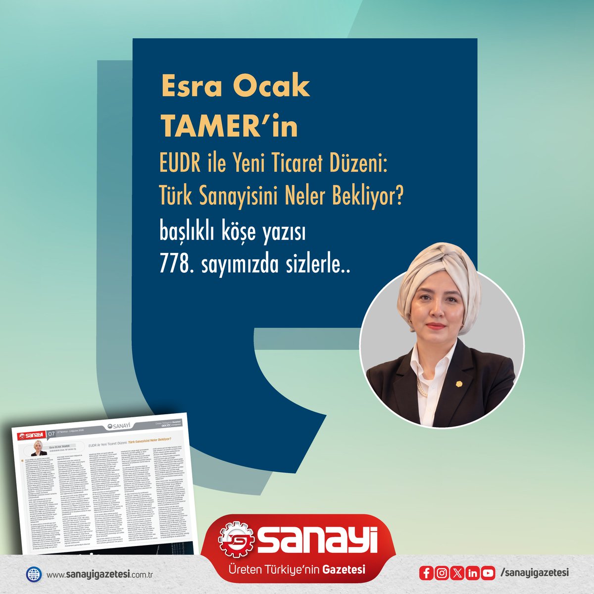 sanayigazetesi's tweet photo. Esra OCAK TAMER'in "EUDR ile Yeni Ticaret Düzeni :Türk Sanayisini Neler Bekliyor?" başlıklı köşe yazısı 778. sayımızda sizlerle..

Keyifli okumalar dileriz.

@esraaocak https://t.co/vo922EUExc