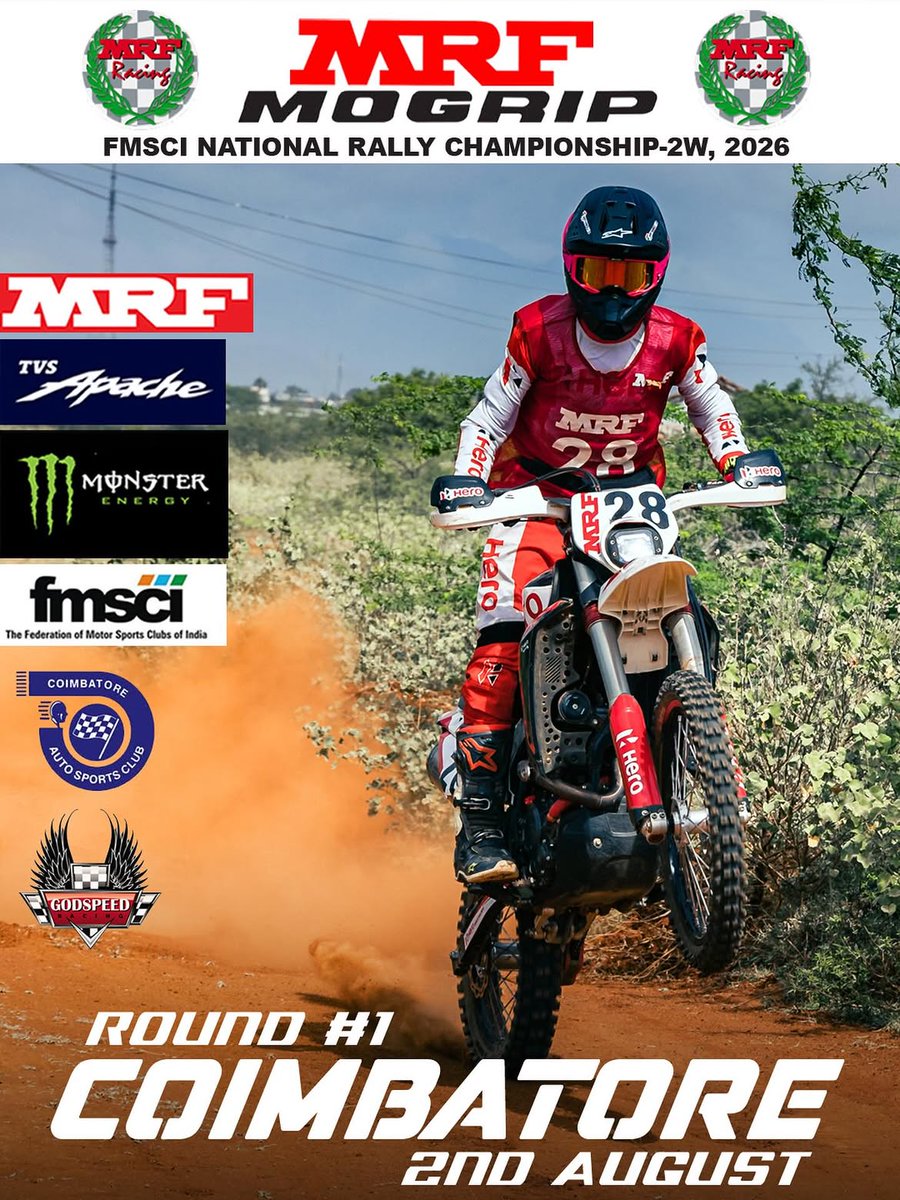 fmsci's tweet photo. ποΈ Round 1. One destination. Endless action.
The MRF Mogrip FMSCI National Rally Championship β 2W 2026 kicks off in Coimbatore on 2nd August.
#MRFMogrip #FMSCI #2WRally #Coimbatore #IndianMotorsport https://t.co/06o8aznkO8