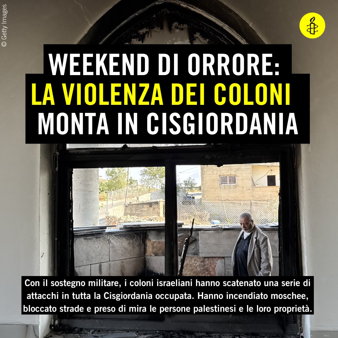 amnestyitalia's tweet photo. L'ultima ondata di violenza, sostenuta dallo stato, da parte dei coloni nella Cisgiordania occupata è la diretta conseguenza delle politiche israeliane di annessione, pulizia etnica e apartheid. Ancora una volta viene messa a nudo l'incapacità della comunità internazionale di adottare misure concrete contro l'occupazione illegale israeliana del territorio palestinese, limitandosi a imporre sanzioni ai singoli coloni violenti. Proteggiamo la popolazione civile palestinese, poniamo fine alla pulizia etnica e all'occupazione israeliana.