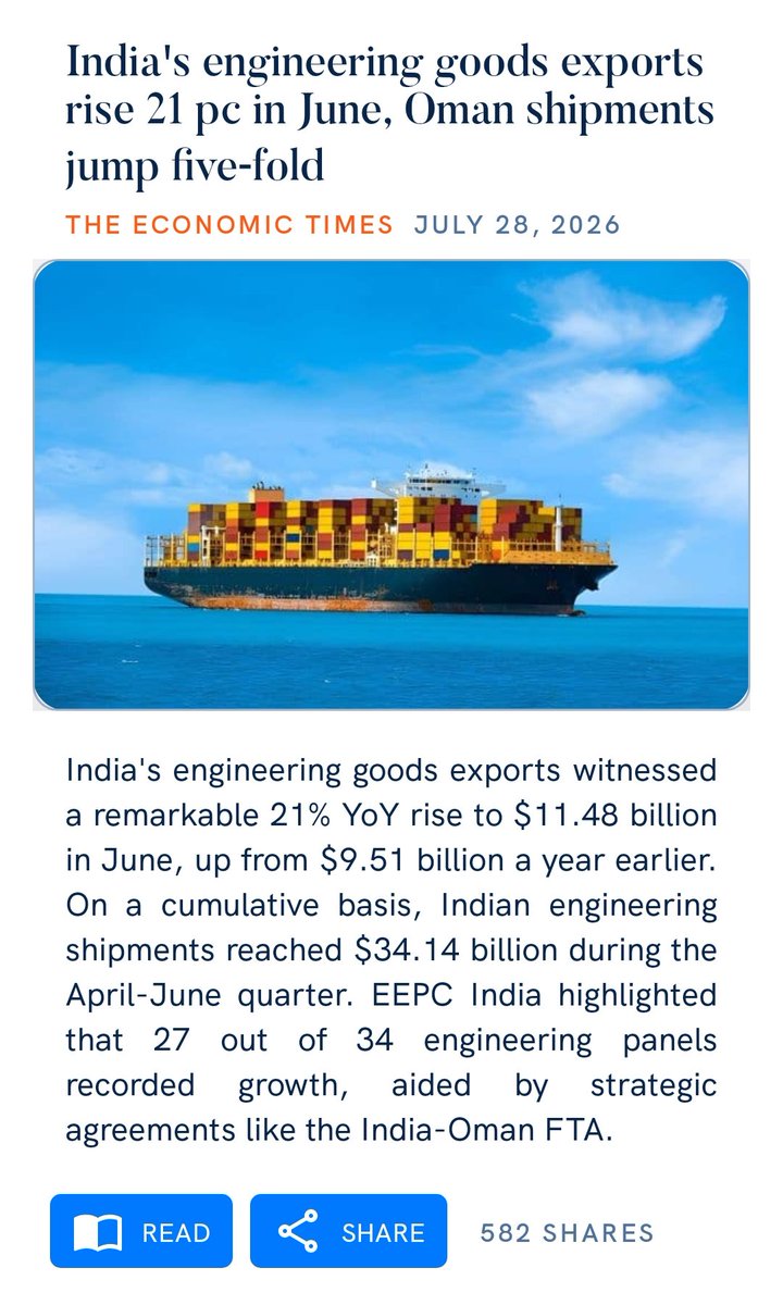 IndEmbMoscow's tweet photo. India's engineering goods exports rise 21 pc in June, Oman shipments jump five‑fold
https://t.co/pGbvxO3cZv

via NaMo App
@PMOIndia @MEAIndia https://t.co/wUvqpvo8Es