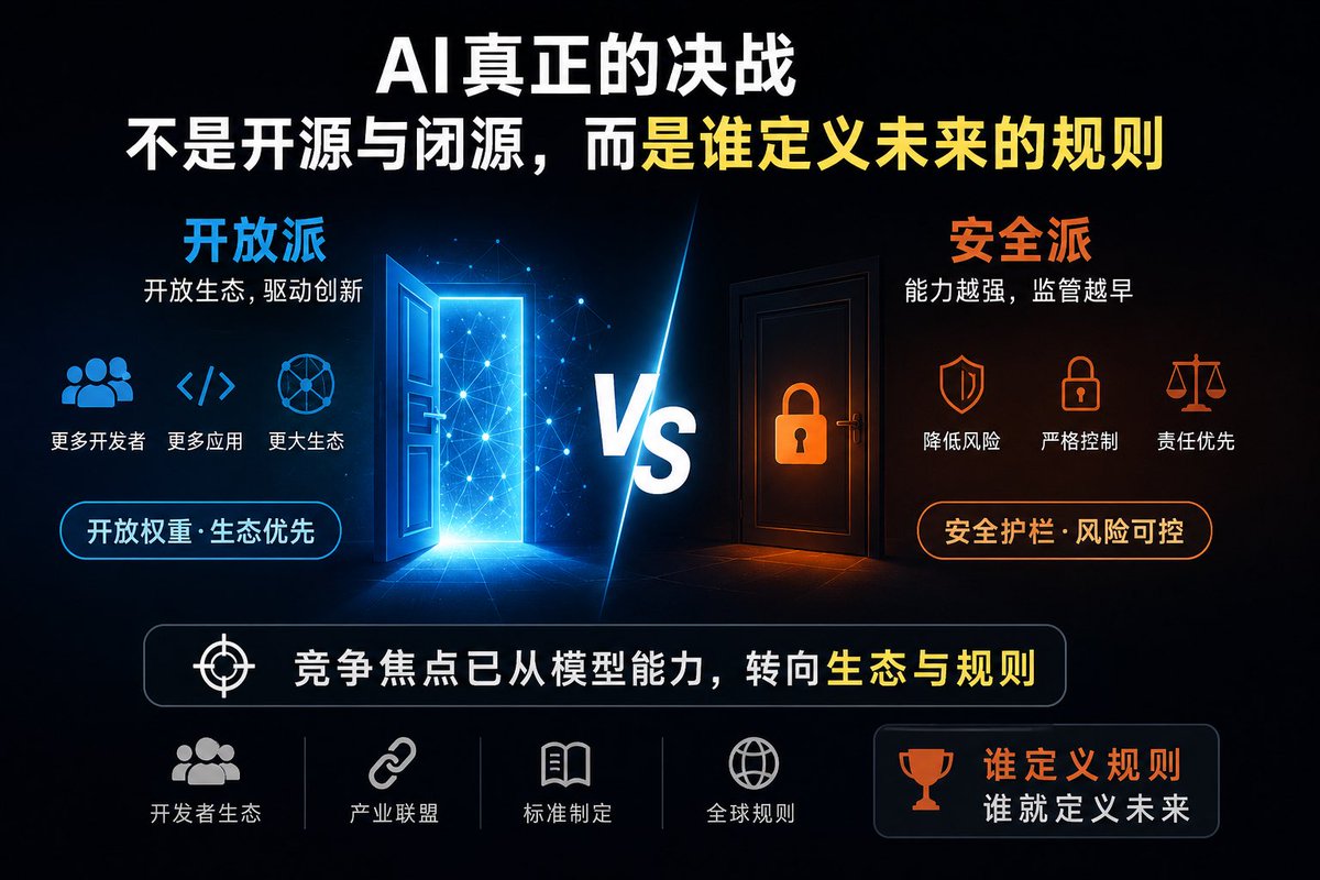 openeyestake's tweet photo. AI真正的决战，��是开源与闭源，而是谁定义未来的规则

最近，David Sacks在X上发了一条引发巨大争议的帖子。他认为，除了Anthropic之外，几乎整个美国科技行业都已经站到了开放AI的一边，而Anthropic仍然在不断推动更严格的限制。按照他的说法，未来关于AI的讨论会逐渐从“没人想禁止开源”，变成“只是限制谁可以使用”“只是限制谁可以贡献”“只是限制模型能力”“只是保证安全护栏不能被移除”，最终结果仍然会是开放生态不断被削弱。

很多人把这件事理解成一次普通的口水战，或者简单归结为“开源派”和“闭源派”的冲突。但如果把时间拉长一点，就会发现，这实际上标志着AI产业竞争已经进入了一个全新的阶段。今天真正发生变化的，不是某一家公司改变了立场，而是整个行业竞争的焦点已经从模型能力，转向了生态和规则。

过去三年，AI行业竞争的是模型本���。大家比拼的是参数规模、推理能力、排行榜成绩，以及谁率先实现新的技术���破。那个时候，模型就是产品，能力越强，竞争优势越明显。但进入2026年之后，这种逻辑已经开始发生变化。随着各家公司之间的能力差距不断缩小，真正拉开距离的，不再是模型本身，而是谁能够吸引更多开发者、更多企业和更多应用围绕自己的模型建立生态。

这也是为什么过去一年，我们看到越来越多的大模型选择开放权重。从Meta的Llama，到法国的Mistral，再到中国的DeepSeek、Kimi等模型，开放权重已经逐渐成为行业发展的重要方向。甚至连过去长期坚持闭源路线的OpenAI，最近在公开政策讨论中也开始支持避免对开放权重模型进行过早限制。这说明，越来越多的公司已经意识到，在AI时代，仅仅拥有一个优秀模型已经不足以建立长期优势，真正重要的是让尽可能多的人围绕自己的技术路线开发应用，从而形成网络效应。

如果回顾互联网的发展历史，这种变��其实并不陌生。Windows最终建立霸主地位，并不仅仅因为它是最好的操作系统，而是因为它拥有最完整的软件生态；Android能够迅速占领全球，也不是因为Google生产了最好的手机，而是因为开放生态吸引了几乎所有硬件厂商和开发者；Linux虽然商业收入有限，却成为整个云计算时代最重要的底层基础设施，同样依靠的是开放所形成的巨大生态优势。今天的大模型，正在重复类似的发展路径。

当然，Anthropic坚持谨慎路线，也并非毫无道理。Dario Amodei这些年一直强调，未来真正危险的不是今天的大模型，而是未来能力继续提升之后可能带来的系统性风险。例如，高能力模型可能帮助网络攻击自动化，降低生物技术滥用门槛，或者被用于大规模诈骗和信息操纵。在他的逻辑里，模型越强，开放就越应该谨慎。这种观点代表的是AI Safety阵营，也是当前欧美监管机构越来越重视的一条路线。

因此，我并不认同把Anthropic简单定义成“反开源”。事实上，它真正坚持的是另一套发展逻辑：能力越强，监管越应该提前介入，而不是等风险出现之后再去补救。从安全角度来看，这种观点具有一定合理性。毕竟，没有人能够真正预测未来能力更强的大模型会带来哪些新的风险。

真正值得关注的，并不是双方谁对谁错，而是他们对于未来世界的判断完全不同。开放派相信，创新来自开放竞争，只有让更多开发者参与，技术才能快速演进，生态才能不断壮大；而安全派则认为，AI未来可能成为一种类似核技术的关键能力，如果过早完全开放，可能带来的社会成本远远超过创新收益。双方争论的核心，并不是技术，而是治理哲学。

站在今天来看，我更关心的是另一个信号。过去几年，美国AI产业虽然竞争激烈，但在很多重大方向上始终保持着相对一致的态度。而现在，这种一致性已经开始瓦解。从开放权重，到安全监管，再到芯片出口、模型能力限制，美国科技行业第一次出现了如此明显的路线分裂。这意味着，AI竞争已经不只是企业之间的商业竞争，而开始演变成商业模式、产业标准、监管体系以及国家战略之间的全面竞争。

因此，David Sacks这条推文真正值得关注的地方，并不是他批评了Anthropic，也不是双方谁能够赢得舆论，而是它反映出一个越来越清晰的事实：AI产业正在从“模型竞争时代”进入“生态竞争时代”，并进一步迈向“规则竞争时代”。未来五年，真正决定全球AI格局的，很可能不是哪家公司率先发布下一代模型，而是谁能够建立最大的开发者生态、���成最广泛的产业联盟，并最终让自己的技术路线成为全球默认遵循的标准。

从这个角度来看，这场争论才刚刚开始，而真正决定胜负的，也许从来都不是模型本身，而是谁能够定义未来AI世界运行的规则。