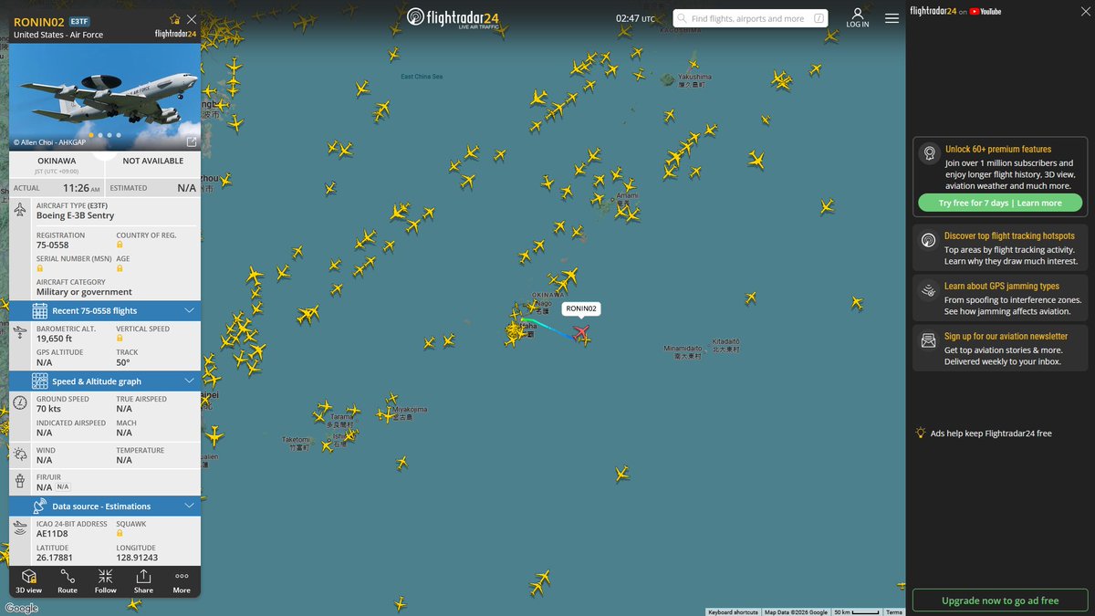 AIYeyENGDdJkjTr's tweet photo. July 28, 2026
#Okinawa Kadena Air Base ==> #Okinawa

#RONIN02 #AE11D8 USAF E-3B Sentry 

#NoCALLSIGN #AE0141 USAF KC-135T Stratotanker https://t.co/tUb77xZVVF