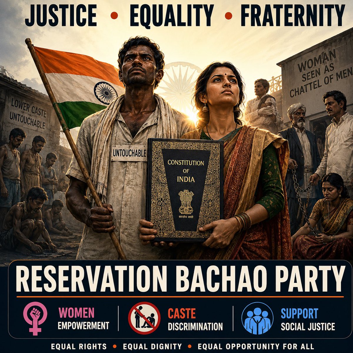 RESBACHAOPARTY's tweet photo. Justice. Equality. Fraternity.

No one should face discrimination because of caste or gender. We stand for constitutional values, women’s empowerment, social justice, and equal opportunities for every Indian.

🇮🇳 Reservation Bachao Party https://t.co/LlUqu4MUjc