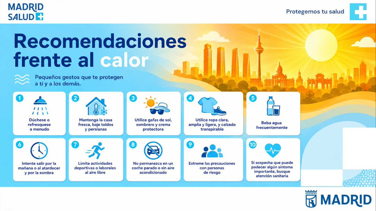 EmergenciasMad's tweet photo. 👉🏻 Recuerda que además hay aviso amarillo 🟡 de @AEMET_Madrid en área metropolitana a partir de las 13:00 h y hasta las 21:00h con temperaturas máximas de 38 ºC

👉🏻 Sigue estas recomendaciones de @madridsalud para hacer frente al calor 

 ⤵️⤵️⤵️ https://t.co/DjUM3pTBLC