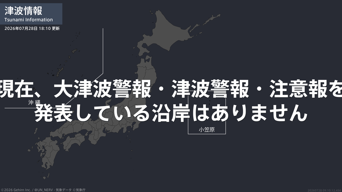 UN_NERV's tweet photo. 【津波情報 2026年7月28日】
津波注意報を解除しました。
［震源に関する情報］
16時27分頃、熊本県熊本地方を震源とする地震。震源の深さは約10km、地震の規模はM7.1と推定。 https://t.co/2jdx69ByRz