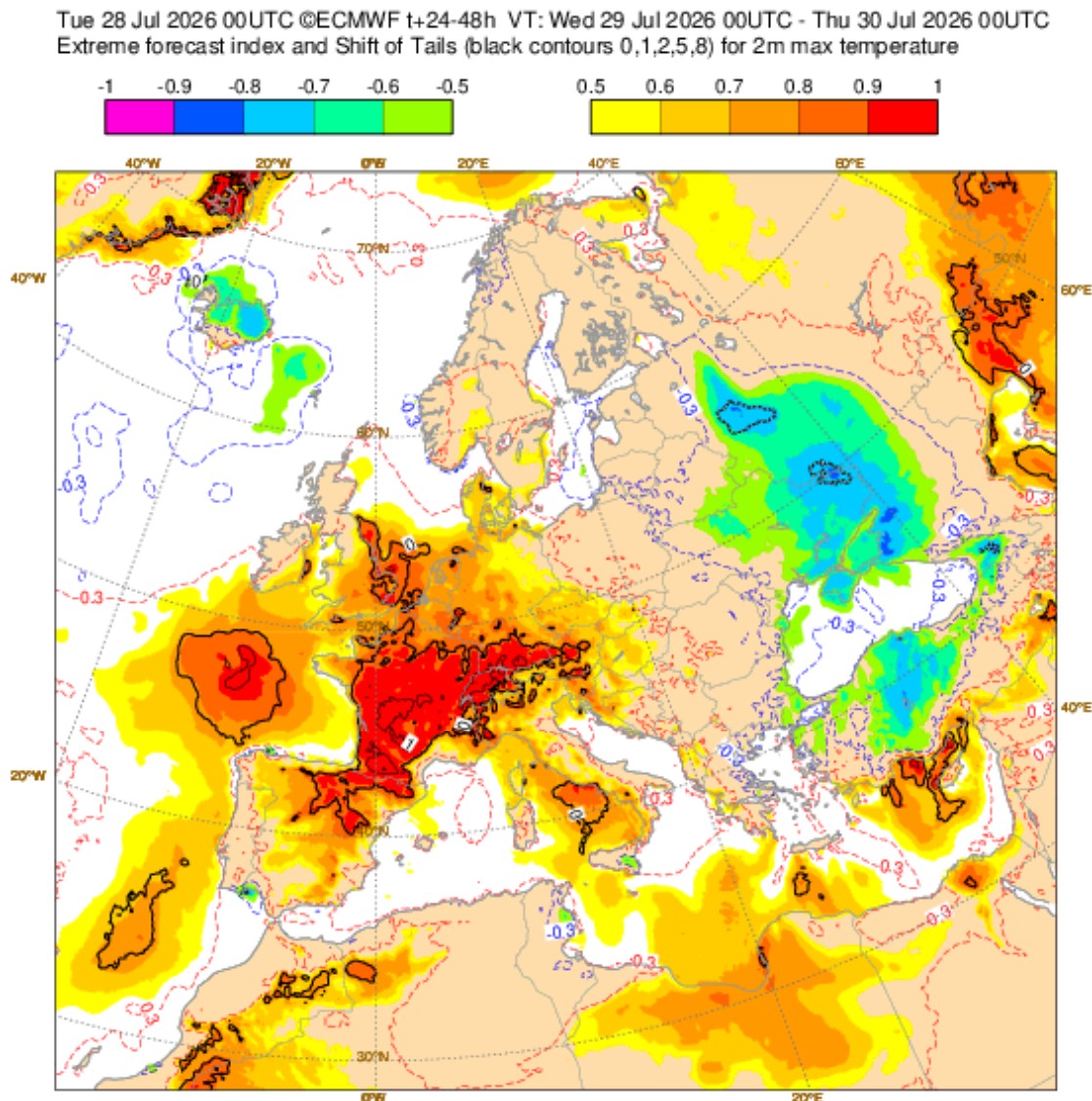 AnthoGrillon's tweet photo. 🔴 Lorsqu'on regarde l'EFI (Indice de Prévision Extrême), on constate bel et bien le pic de chaleur notable du milieu de semaine, suivi du décalage de la #canicule vers l'Est, puis le Sud-Est d'ici vendredi.
⚠ Attention tout de même, le mercure va vite remonter dès le week-end. https://t.co/TijHFS7kgo