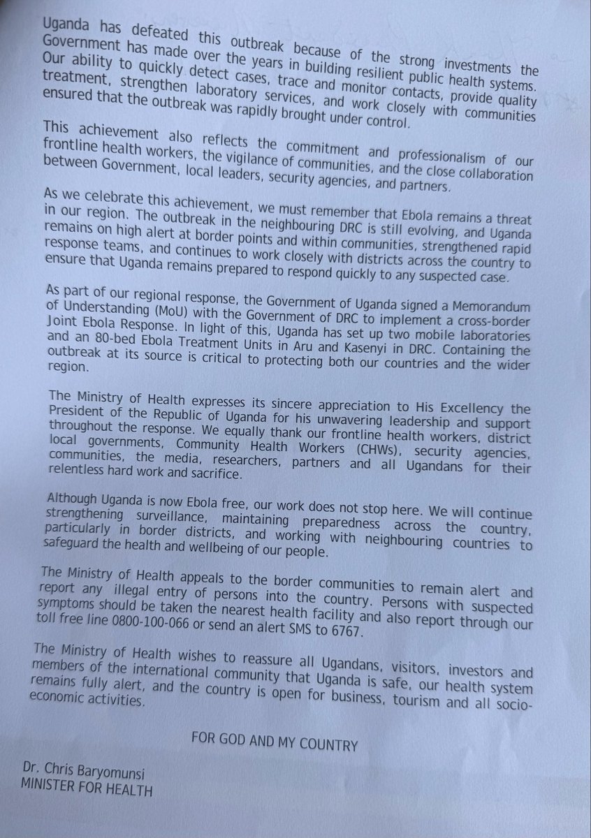 Metropolit18344's tweet photo. Uganda has officially declared an end to the Ebola outbreak after completing the required surveillance period without recording any new confirmed cases. Uganda recorded 20 cases, 18 recoveries and 2 deaths. 
@MinofHealthUG @CHRISBARYOMUNS1 @KisoroG https://t.co/BTbh7FaW57