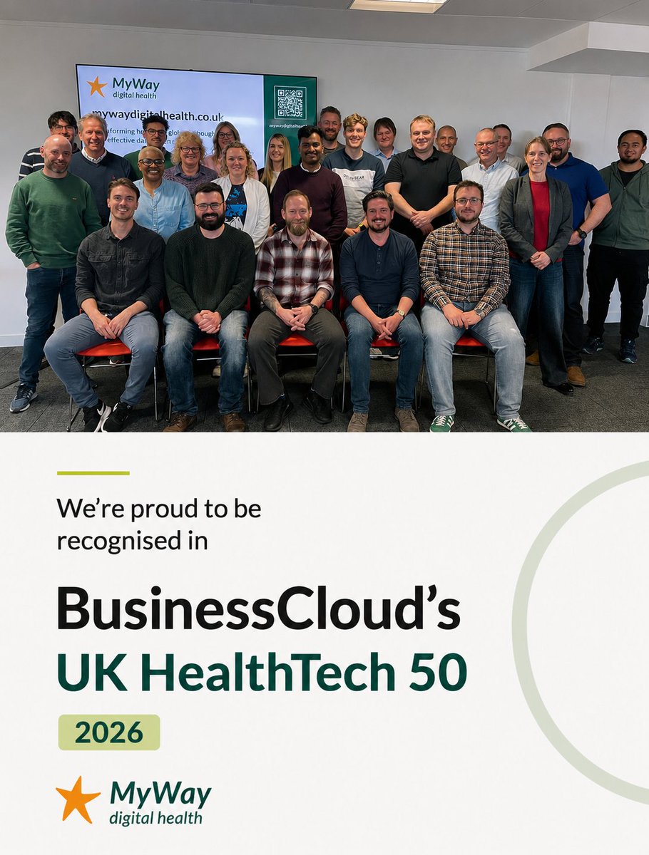 MyWayDigital's tweet photo. We're pleased to share that MyWay Digital Health has been recognised in BusinessCloud's UK HealthTech 50 for 2026.

Thank you to our team, partners and everyone who supports MyWay.

#HealthTech #DigitalHealth https://t.co/6s20E4NISH