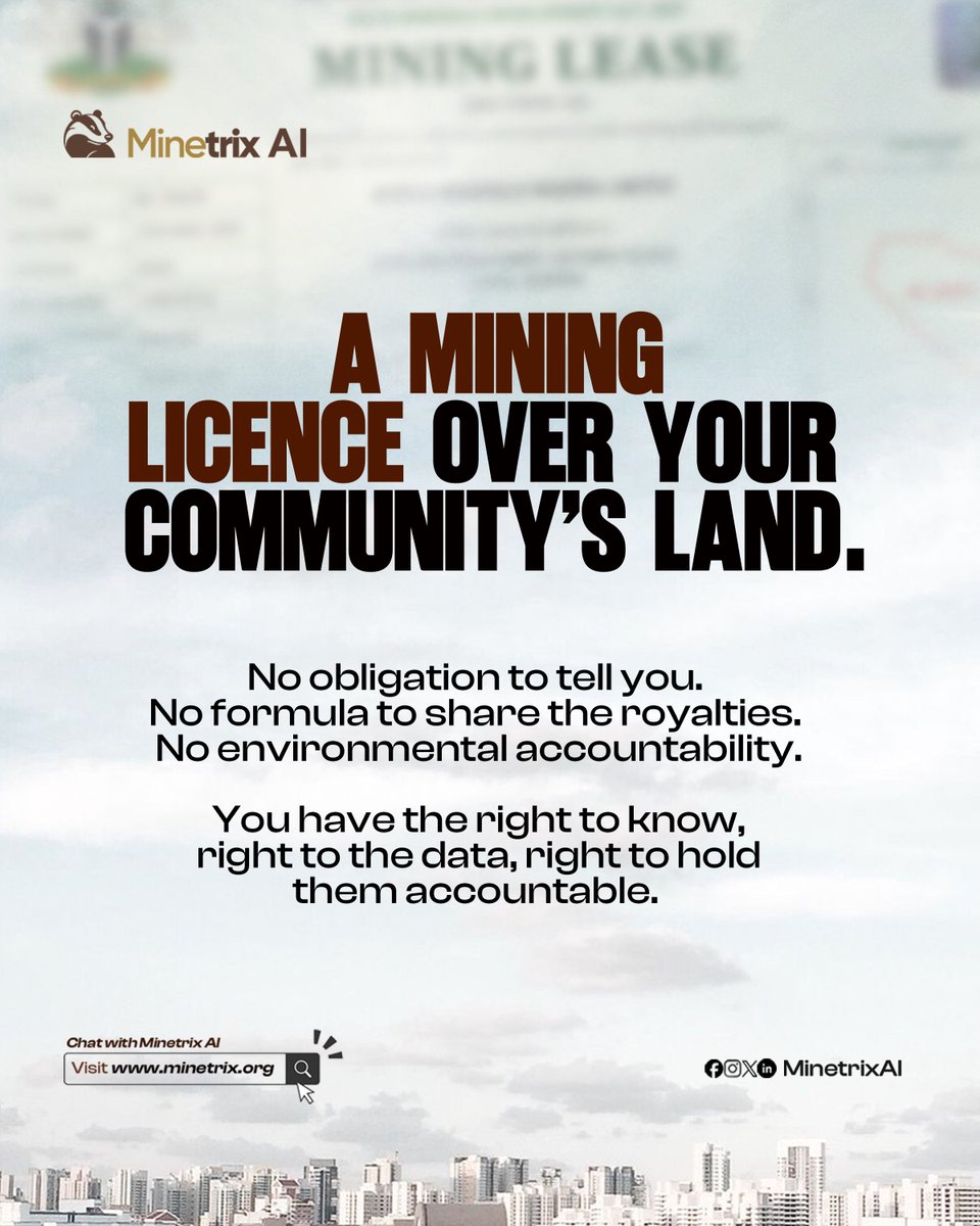 MinetrixAI's tweet photo. A mining licence should not be a secret. Communities deserve to know what is happening on their land, how resources are managed, and how benefits are shared.

Transparency isn't optional, it's a right.

Visit https://t.co/7LR8vzKux6  to learn more. https://t.co/V2BfEgBfEO