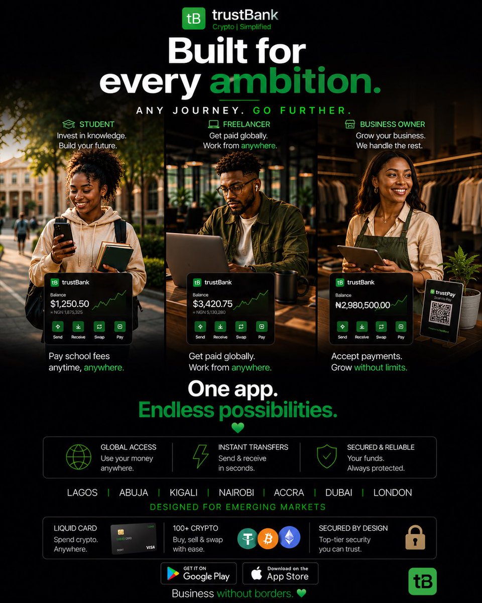 __theCEO's tweet photo. Founders spend years building products.

We’re trying to build confidence.@trustbanktech 

For students.
For freelancers.
For entrepreneurs.

The vision has always been simple:

One app.
Endless possibilities.💚

#buildinpublic #Fintech #Startup #Crypto #Africa https://t.co/hV2gFKefAS