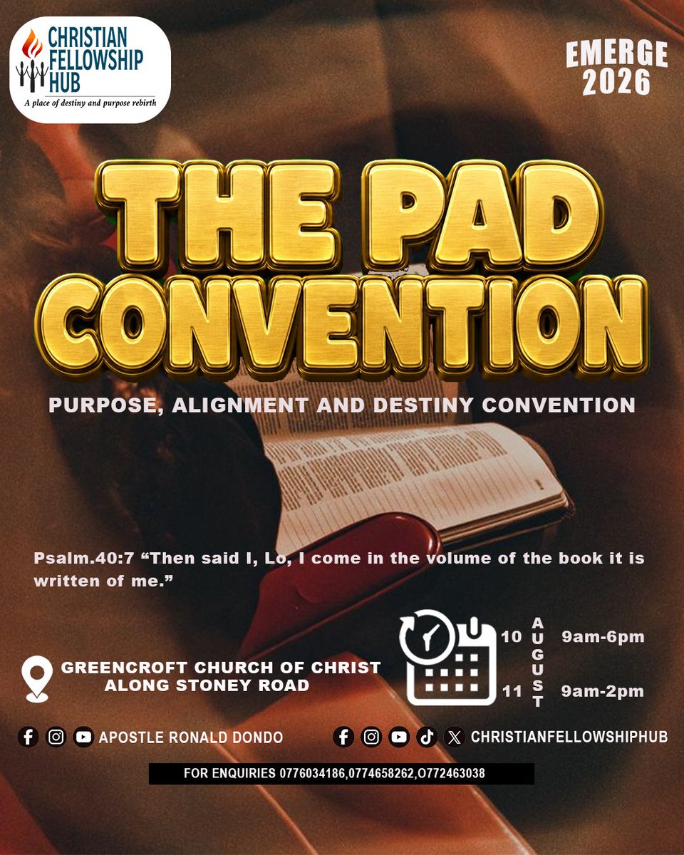 CFellowshipHub's tweet photo. You're Invited to THE PAD CONVENTION 2026!

Join us for two days of worship, prayer, and the teaching of God's Word as we gather around the theme:

PURPOSE • ALIGNMENT • DESTINY

"Then said I, Lo, I come: in the volume of the book it is written of me." — Psalm 40:7 https://t.co/o0UZTKwucV