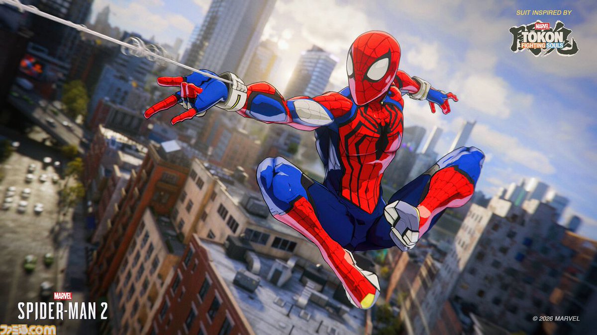 famitsu's tweet photo. 『Marvel's スパイダーマン2』新スキン2種が追加。『マーベル闘魂』＆映画『ブランドニューデイ』の姿を再現
https://t.co/gLRAvYSP5g

ピーター・パーカーのために作られた、カラフルポップなマーベル闘魂版とフォトリアルな映画版の2種が登場。最近話題のニュースタイルでウェブスイングが楽しめる。 https://t.co/d571gRQDga