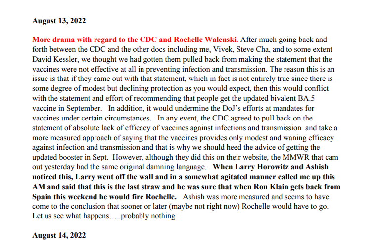 HopeRising19's tweet photo. FAUCI TALKED THE CDC OUT OF TELLING THE PUBLIC THE TRUTH THAT THE COVID SHOTS WERE "NOT EFFECTIVE AT ALL IN PREVENTING INFECTION OR TRANSMISSION - AUG 2022....

More deep truths from Fauci's diary, courtesy of Senator Rand Paul.

August 13, 2022 Fauci's diary records how the CDC were about to make the public statement that 

"the (Covid) vaccines were 

NOT EFFECTIVE AT ALL IN PREVENTING INFECTION OR TRANSMISSION.

but phew....Fauci et al managed to get them to pull back and what a relief because this statement would have conflicted with the recommendation that people needed to 

TAKE A BOOSTER in September 

and even more importantly the statement would 

UNDERMINE DEPARTMENT OF JUSTICE COVID VACCINE MANDATES 

Despite the CDC agreement to fudge the truth, somehow Rochelle mucked up and Fauci had a diarised rave about her superiors raging and saying it's time for her to go (be pushed).
