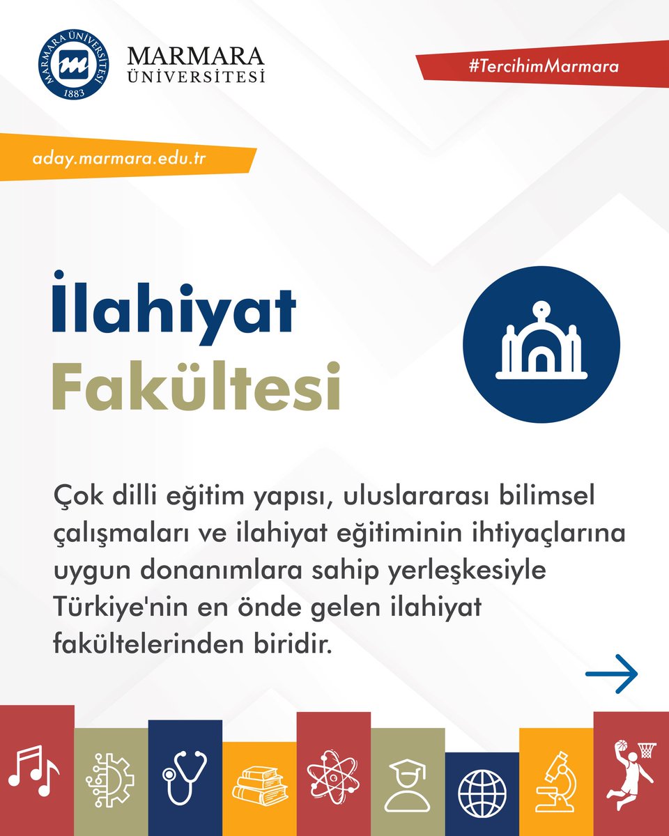 marmara1883's tweet photo. #MarmaraÜniversitesi İlahiyat Fakültesi'ni neden tercih etmelisin? Hadi kısaca anlatalım 📚🕌✒️

🔹 1959'dan günümüze Türkiye'de öncü İlahiyat eğitimi

🔹 Türkçe, İngilizce ve Arapça olmak üzere üç dilde eğitim

🔹 “Marmara Üniversitesi İlahiyat Fakültesi Vakfı” tarafından verilen başarı ve ihtiyaç bursları

🔹 Tatbikat Camii, kültür merkezi, seminer ve sergi salonları, modern okuma alanları, sanat ve çini atölyeleri, kitap-kafe, ebru, hüsnühat ve musiki kursları, futbol sahası, spor salonu ve zengin kütüphanesiyle aktif bir üniversite yaşamı

🔹 Çift ana dal ve yan dal imkânları ile disiplinlerarası eğitim fırsatı

🔹 Yurt içi ve yurt dışında değişim programlarıyla öğrenim fırsatı

Köklü akademik mirası, çok dilli eğitimi ve değer temelli yaklaşımıyla Marmara Üniversitesi İlahiyat Fakültesi, düşünsel derinliği ve manevi sorumluluğu bir arada taşımak isteyenler için doğru bir tercihtir.

#TercihimMarmara
https://t.co/r7biPa3esz