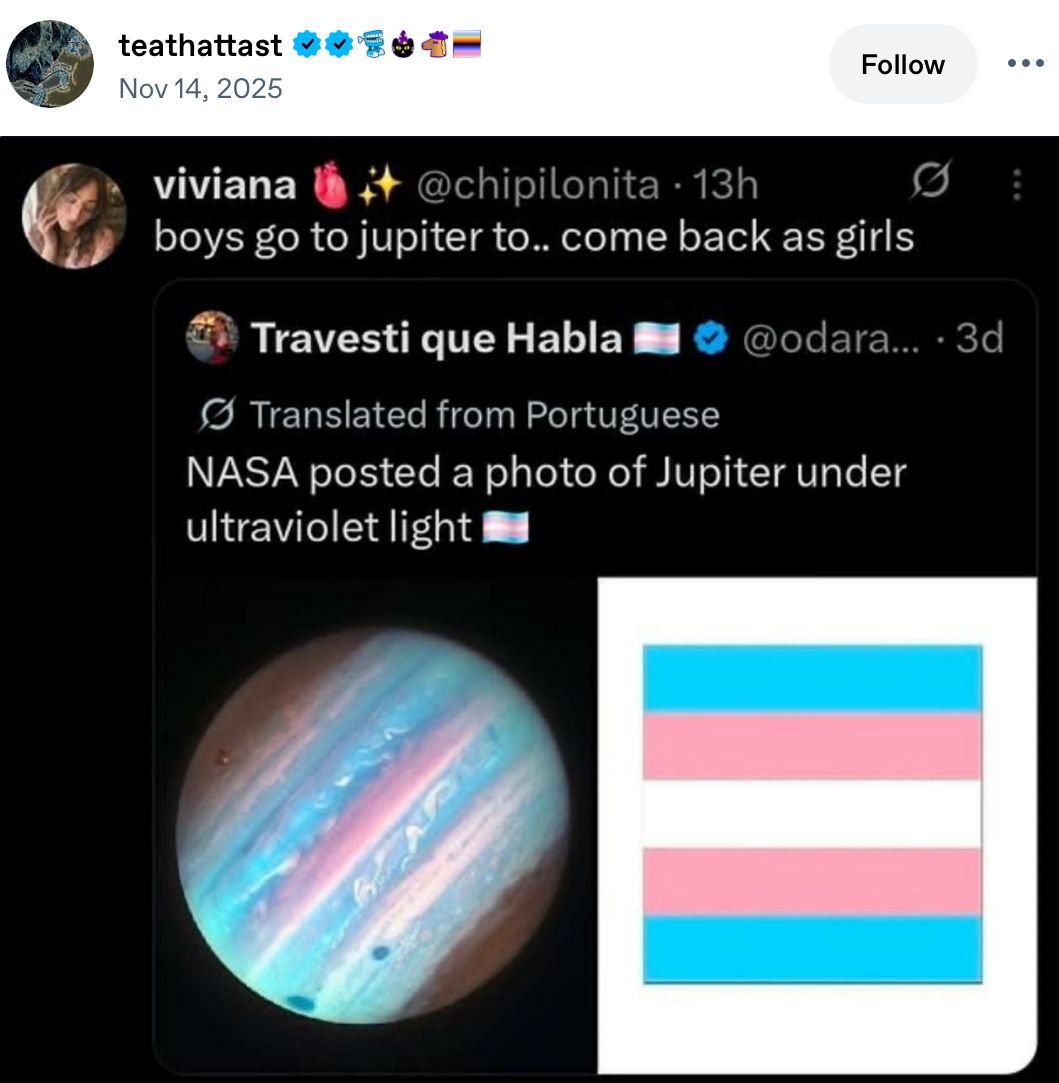 Willowfoxxo's tweet photo. Trans Jupiter is based!🏳️‍⚧️ https://t.co/r9T7TyVd0k