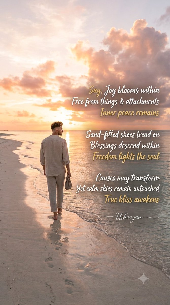 iamwitwicky's tweet photo. Say, joy blooms within
Free from things &amp; attachments
Inner peace remains

Sand-filled shoes tread on
Blessings #descend within
Freedom lights the soul

Causes may transform
Yet calm skies remain untouched
True bliss awakens

#vss365 #WriteMap #OurPoetryX #BraveWrite @Write2Fite https://t.co/4L0P1mQ463